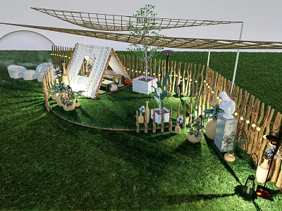 White Tent In Green Grass Outdoor Setting With Wooden Fence Plants And Aerial Structure 3d model