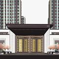Residential Entrance Gate With High rise Buildings Symmetrical Design Decorative Lintel And Spacious Plaza