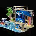 Summer Cool Experience Themed Display With Palm Tree Lifebuoy Drinks Stand And Wave Decorations 3d model