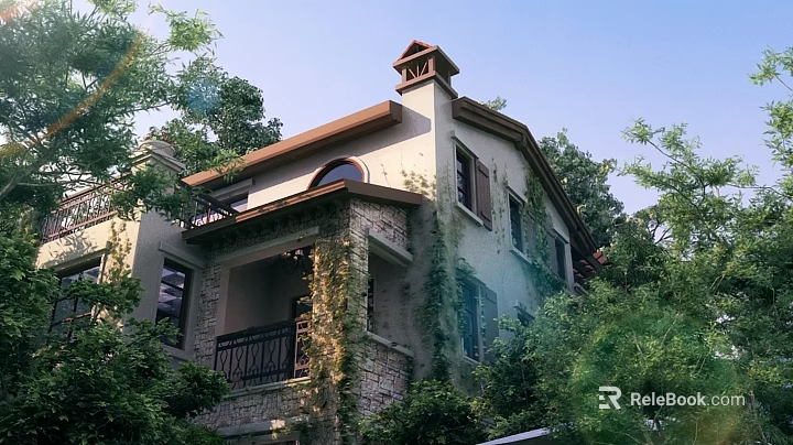 Charming Detached Villa With Brown Roof Stone Exterior And Climbing Plants Surrounded by Trees 3d model 