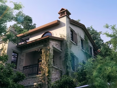 Charming Detached Villa With Brown Roof Stone Exterior And Climbing Plants Surrounded by Trees 3d model
