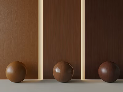 Three Brown Spheres Display With Vertical Wooden Panels In Different Shades 3d model