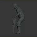 3D Model Of Worker Wearing Safety Helmet And Work Uniform Holding Tool On Gray Background