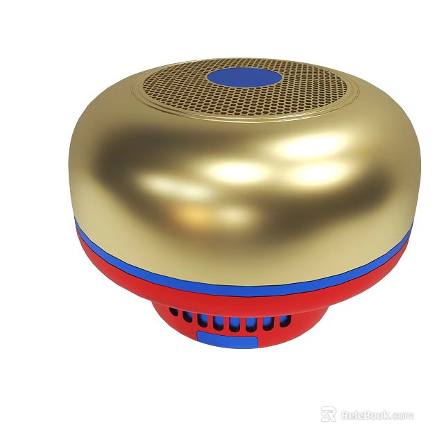 Golden Spherical Portable Speaker With Blue Top Button And Red Base Ring 3d model 