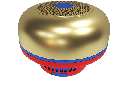 Golden Spherical Portable Speaker With Blue Top Button And Red Base Ring 3d model
