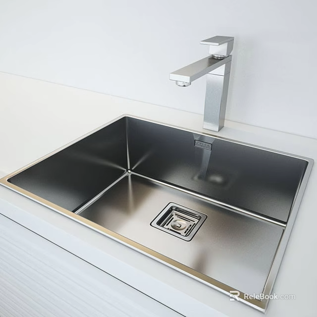 Modern Stainless Steel Kitchen Sink With Sleek Faucet On White Countertop Design 3d model 