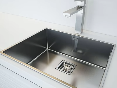 Modern Stainless Steel Kitchen Sink With Sleek Faucet On White Countertop Design 3d model