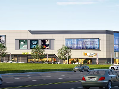Modern TUANDY Shopping Mall Exterior With Billboards Parking Lot Cars And Trees 3d model