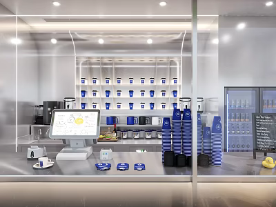 Modern Cafe Interior With POS System Stacked Cups And Shelved Containers 3d model