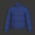 Blue Puffy Puffer Jacket With Red Stripe Modern Design And Sleek Look