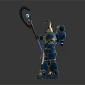 Blue And Gold Armored Fantasy Warrior Holding Scythe With Gem And Ornate Armor Details