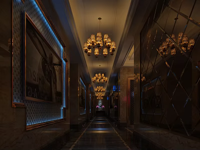Luxurious Elevator Hallway With Crystal Chandeliers Mirrored Walls And Marble Flooring 3d model