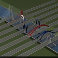 Multiple Cable Stayed Bridges With Red Blue Arches Over Water And Roadways 3d model