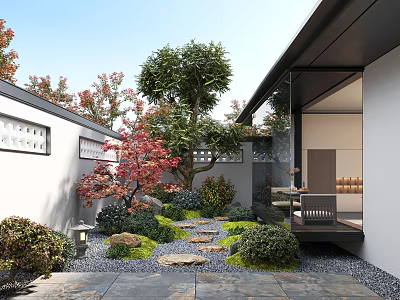 Courtyard Garden With Stone Path Red Maple Tree Green Plants White Walls And Wooden Lattice 3d model