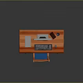 Wooden Computer Desk Setup With Monitor Tower Keyboard Chair And Stationery