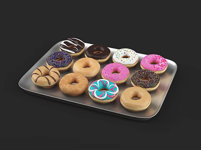 Assorted Donuts With Colorful Frosting And Sprinkles On Metal Tray 3d model