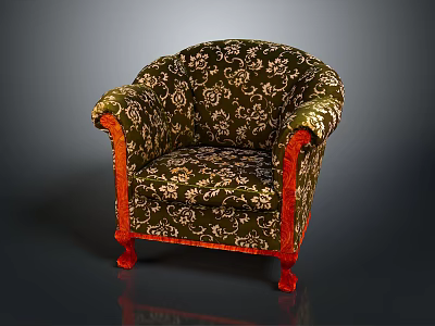 Vintage Classic Chair Design With Dark Floral Fabric Orange Wooden Armrests And Carved Legs 3d model