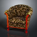 Vintage Classic Chair Design With Dark Floral Fabric Orange Wooden Armrests And Carved Legs