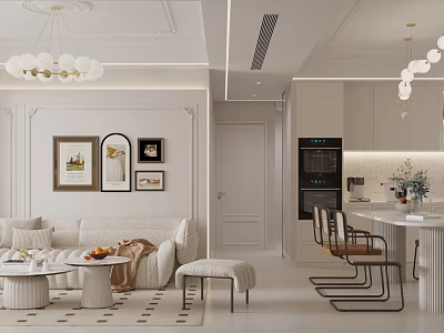 Modern Living Dining Room With Sofa Coffee Table Dining Chairs And Chandeliers 3d model