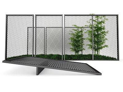 Outdoor Metal Mesh Fence Structure With Sloped Metal Platform And Green Plants 3d model