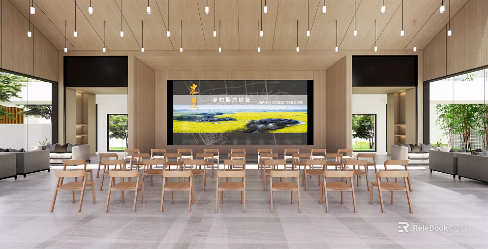 Modern Front Desk Reception Area With Wooden Chairs And Large Screen 3d model 