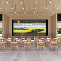 Modern Front Desk Reception Area With Wooden Chairs And Large Screen