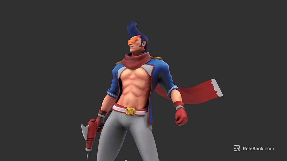 Game Movie Character With Blue Mohawk Goggles Red Scarf Open Blue Jacket Exposed Abs Red Gloves 3d model 