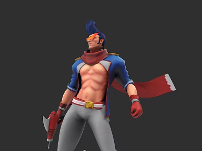 Game Movie Character With Blue Mohawk Goggles Red Scarf Open Blue Jacket Exposed Abs Red Gloves 3d model