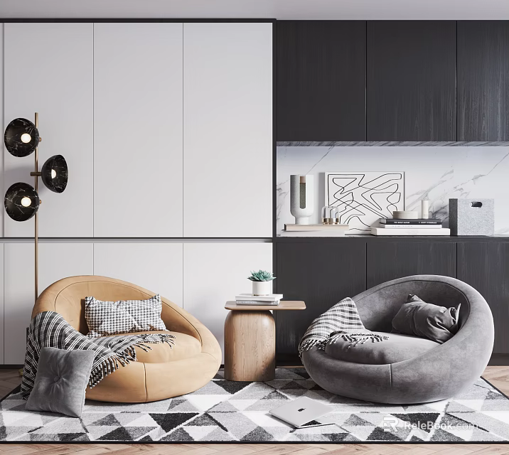 Casual Round Sofa Set With Beige Gray Pillows Blanket And Modern Side Table 3d model 
