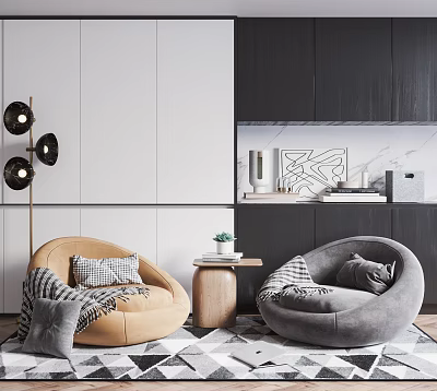 Casual Round Sofa Set With Beige Gray Pillows Blanket And Modern Side Table 3d model