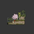 Cartoon Scene With Chinese Style House Pink Cherry Blossom Palm Trees And Red Lanterns
