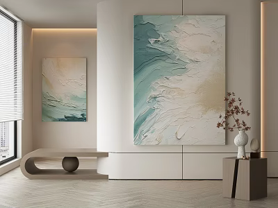 Textured Abstract Paintings With Teal Beige Tones In Modern Interior Space 3d model