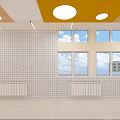 Bright School Interior With Yellow Ceiling Round Lights And Wall Display Frames 3d model