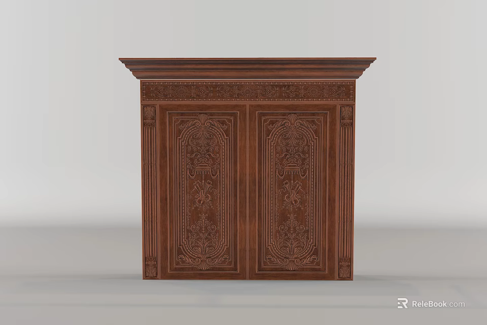 Wooden Double Doors With Intricate Carved Patterns And Elegant Decorative Design 3d model 