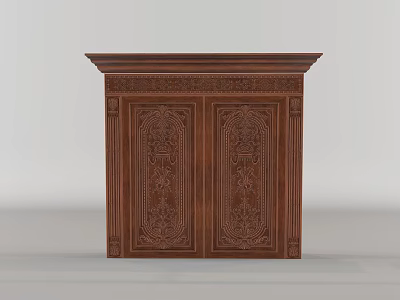Wooden Double Doors With Intricate Carved Patterns And Elegant Decorative Design 3d model