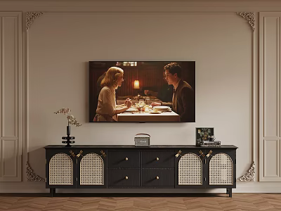 Black TV Stand With Rattan Design And Carved Wall In Living Room 3d model