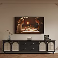 Black TV Stand With Rattan Design And Carved Wall In Living Room