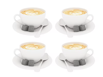 White Ceramic Coffee Cups With Latte Art On Saucers Including Sugar Cubes And Spoons 3d model