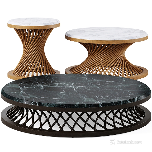 Modern Coffee Tables With White Black Marble Tops And Woven Lattice Bases 3d model 