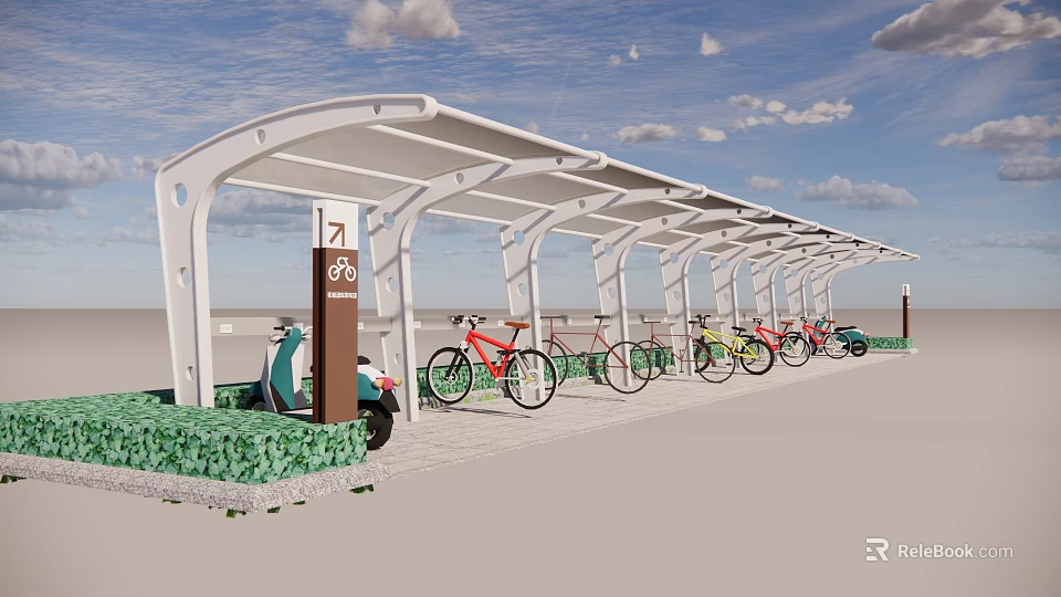 Modern Bike Shelter For Bicycle Parking With Multiple Bicycles And Green Plants 3d model 
