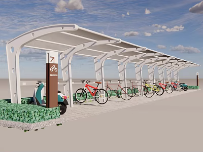 Modern Bike Shelter For Bicycle Parking With Multiple Bicycles And Green Plants 3d model