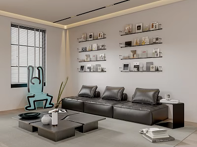 Modern Living Room Interior With Black Leather Sofa Wall Mounted Shelves And Blue Accent Chair 3d model
