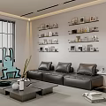 Modern Living Room Interior With Black Leather Sofa Wall Mounted Shelves And Blue Accent Chair