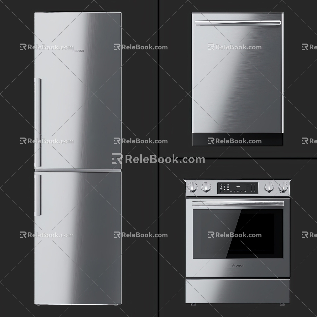 Modern Fridge Refrigerator Stove Dishwasher 3d model