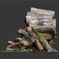 Outdoor Stacked Wooden Logs Pile With Natural Branches And Greenery