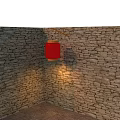 Red Lantern Hanging In Brick Wall Corner With Tile Floor And Warm Light