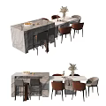 Modern Dining Table Set With Rectangular Marble Top Brown Chairs And Decorative Plant 3d model