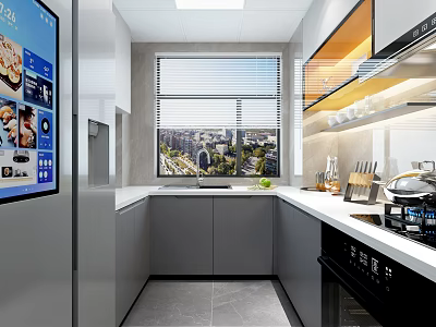 Modern Kitchen Interior With Gray Cabinets White Countertop Window View Oven And Cooktop 3d model