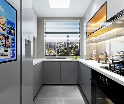 Modern Kitchen Interior With Gray Cabinets White Countertop Window View Oven And Cooktop 3d model