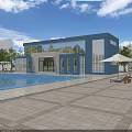 Modern Blue Detached Villa With Swimming Pool Outdoor Loungers Umbrella And Trees